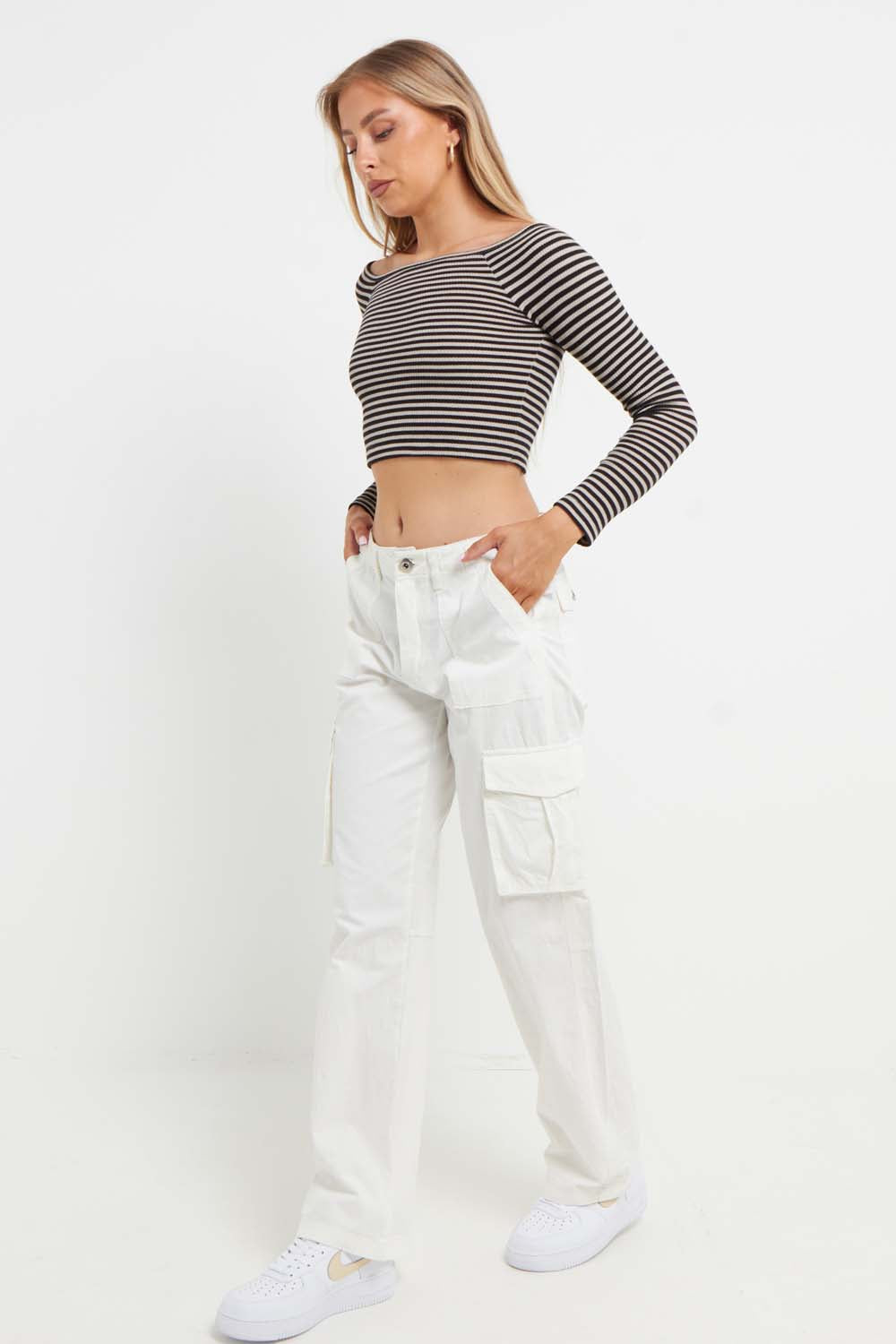 Adjustable Waist Wide-Leg Cargo Pants-Milky - Main Image