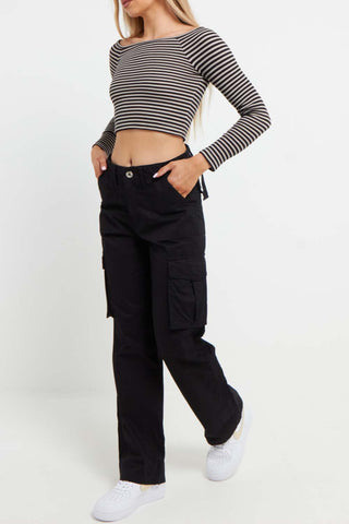 Adjustable waist wide-leg cargo pants in Black