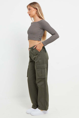 Adjustable Waist Wide-leg Cargo Pants in Olive