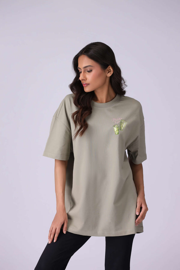 Muted Olive Matcha To-Go Oversized Printed T-Shirt