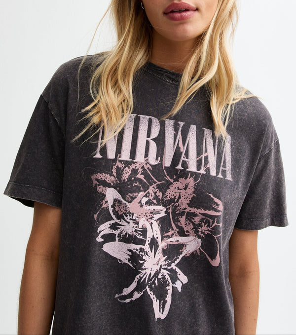 Acid Wash Nirvana Flower Print Oversized T-Shirt