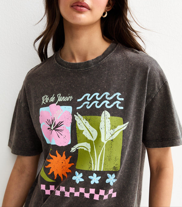 Acid Wash Rio Print Oversized T-Shirt