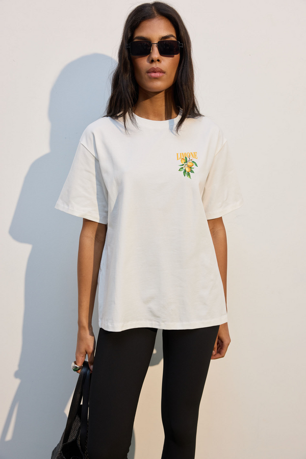 White Limone Bloom Minimal Printed T-Shirt