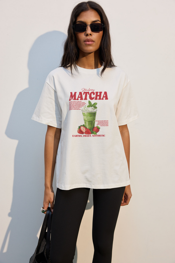 White Strawberry Matcha Oversized Printed T-Shirt