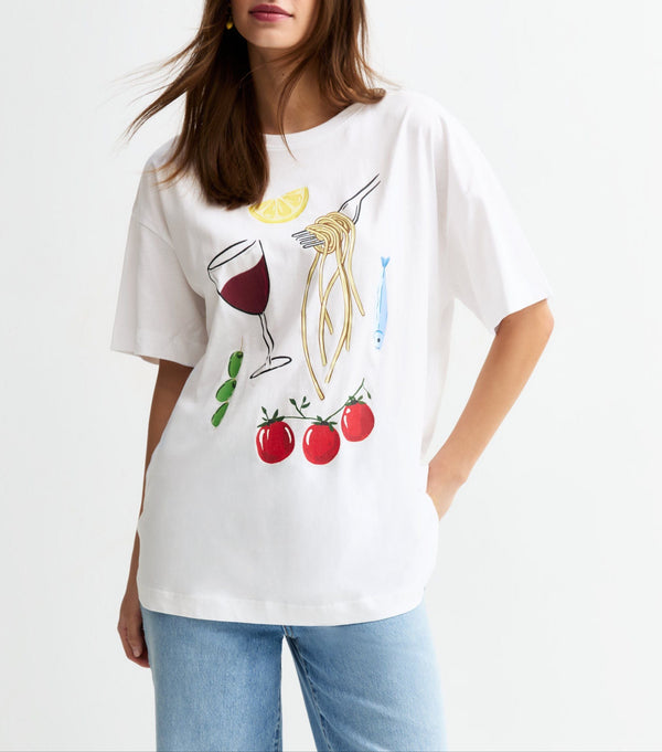 White Oversized Pasta Print T-Shirt