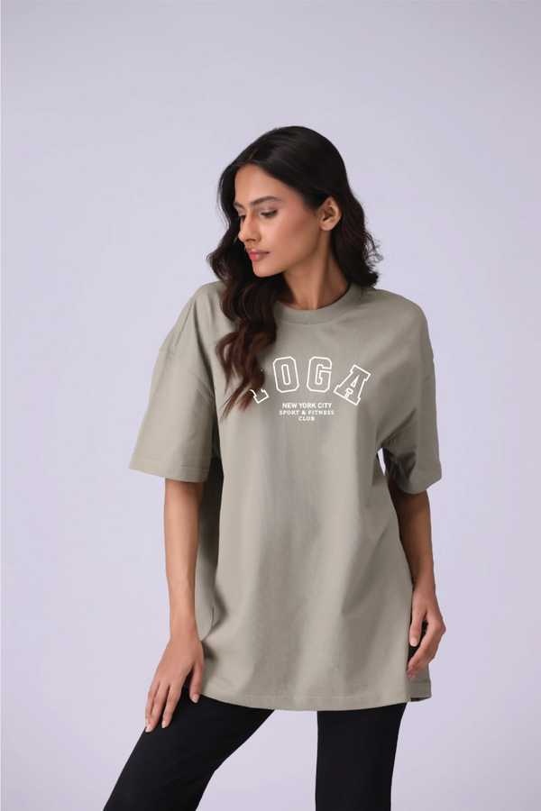 Muted Olive Yoga Print Oversized T-Shirt